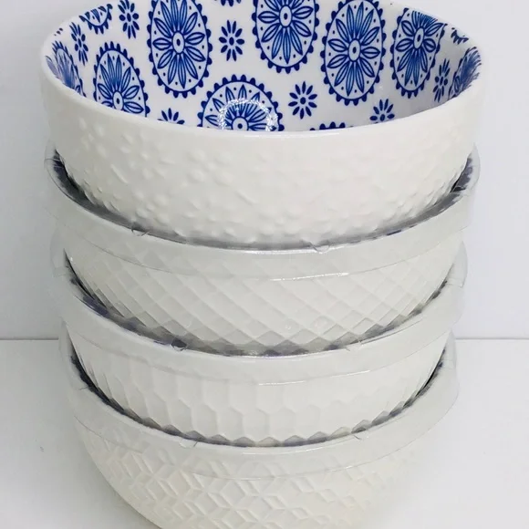 4 Signature International Shibori Tie Dye Cereal Bowls Blue White 5” - Picture 6 of 9